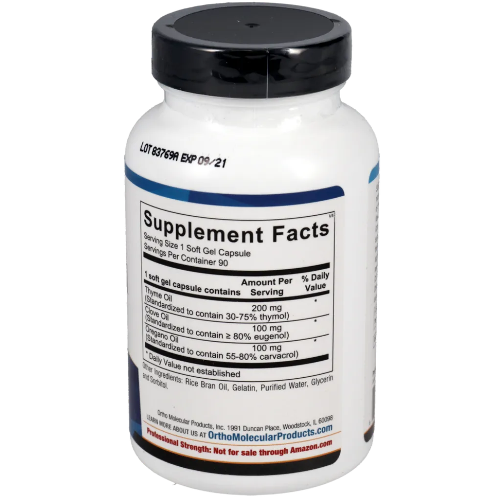 Intestin‑ol softgel ingredients label listing thyme oil, oregano oil and clove oil with rice bran oil, gelatin, purified water, glycerin and sorbitol as other ingredients.