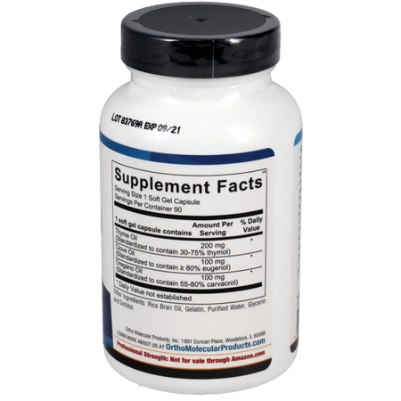 Intestin‑ol softgel ingredients label listing thyme oil, oregano oil and clove oil with rice bran oil, gelatin, purified water, glycerin and sorbitol as other ingredients.