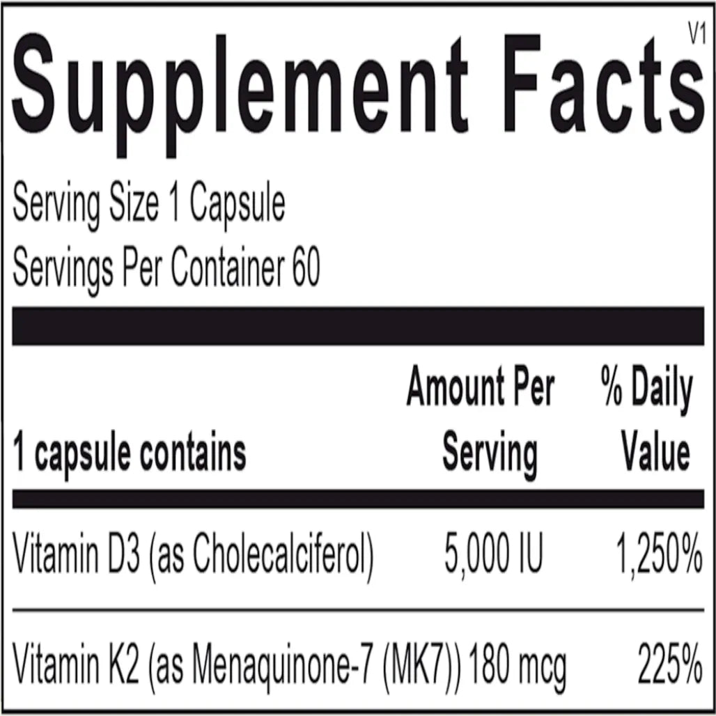 Ingredients list for K‑FORCE vitamin D3 & K2 formula including MenaQ7® PRO vitamin K2, cholecalciferol vitamin D3, and common capsule excipients.