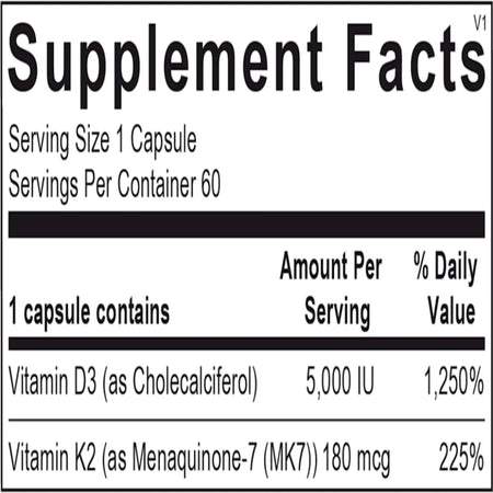 Ingredients list for K‑FORCE vitamin D3 & K2 formula including MenaQ7® PRO vitamin K2, cholecalciferol vitamin D3, and common capsule excipients.