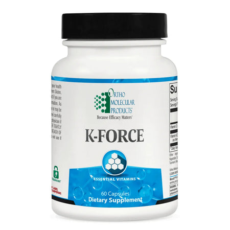 Ortho Molecular Products K‑FORCE supplement featuring MenaQ7® PRO vitamin K2 and 5,000 IU vitamin D3 for bone and immune support.