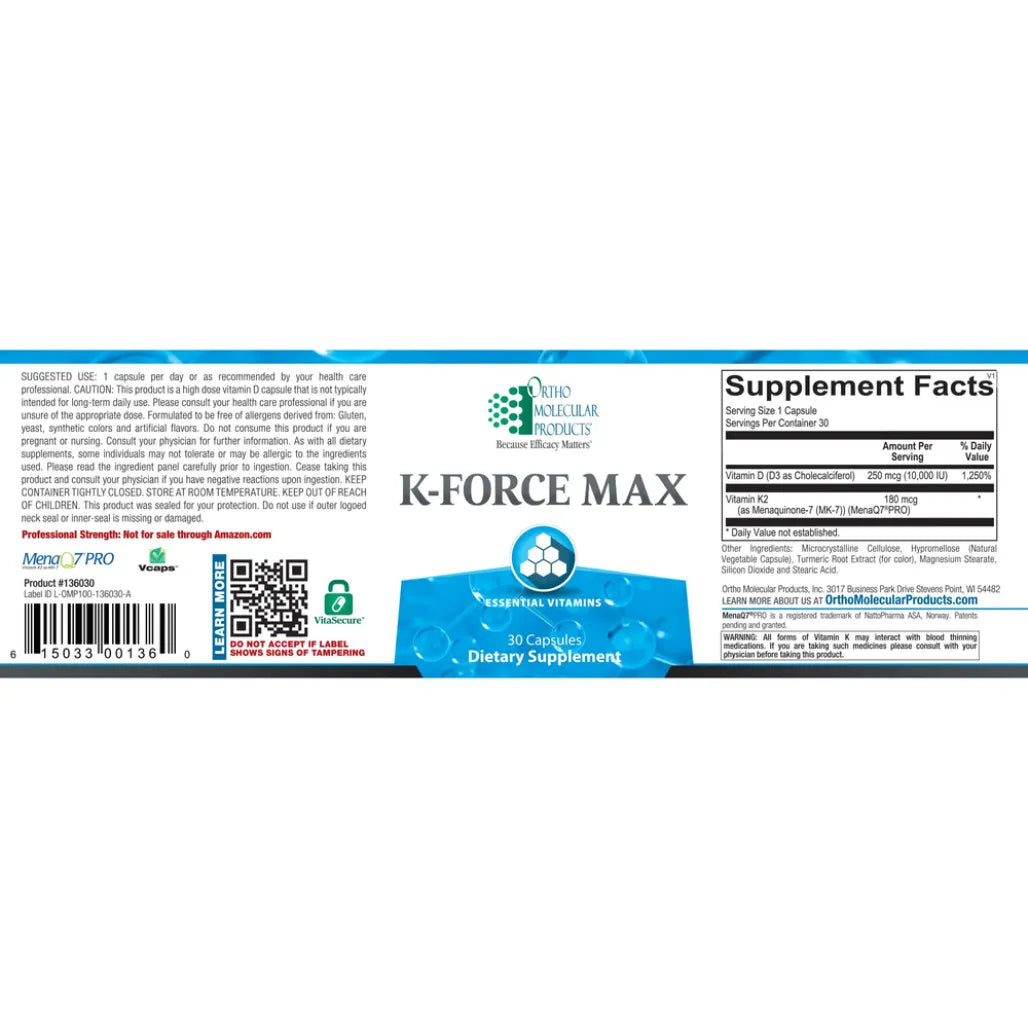 K‑FORCE MAX vitamin D3 and K2 dietary supplement by Ortho Molecular Products.