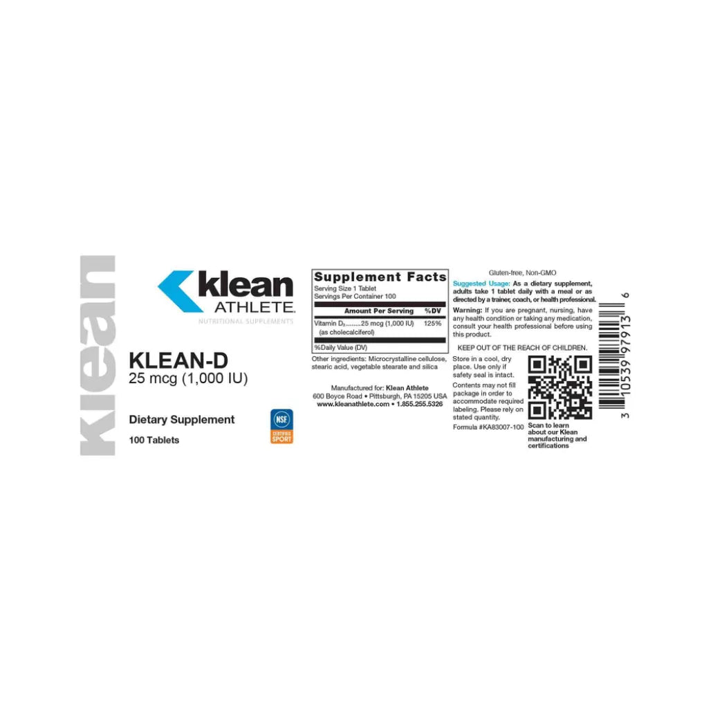 Klean D 1000 Nutrition Facts Label Showing Vitamin D3 Cholecalciferol 25 mcg 1000 IU and Ingredient Details