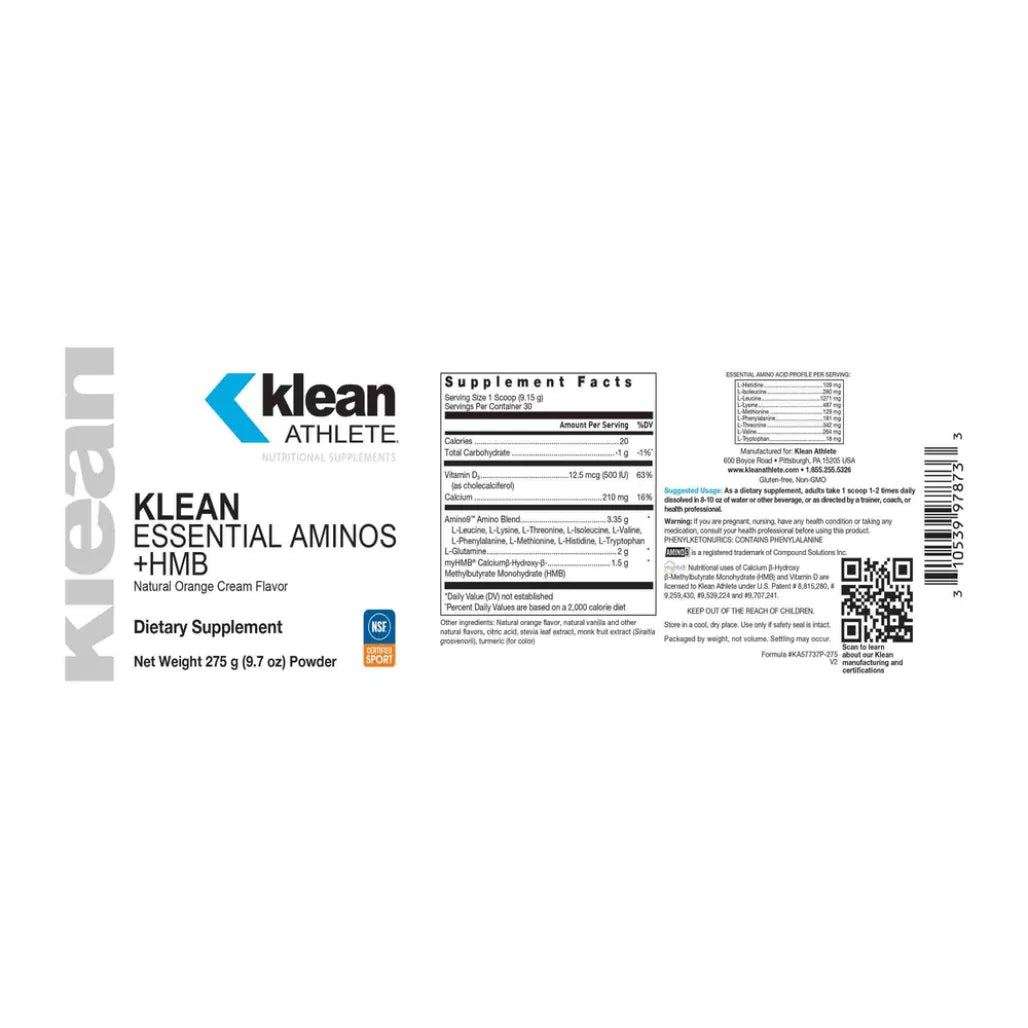 Klean Essential Aminos HMB Nutrition Facts Label Showing Amino Acid Blend HMB Vitamin D3 Glutamine and Ingredient Details
