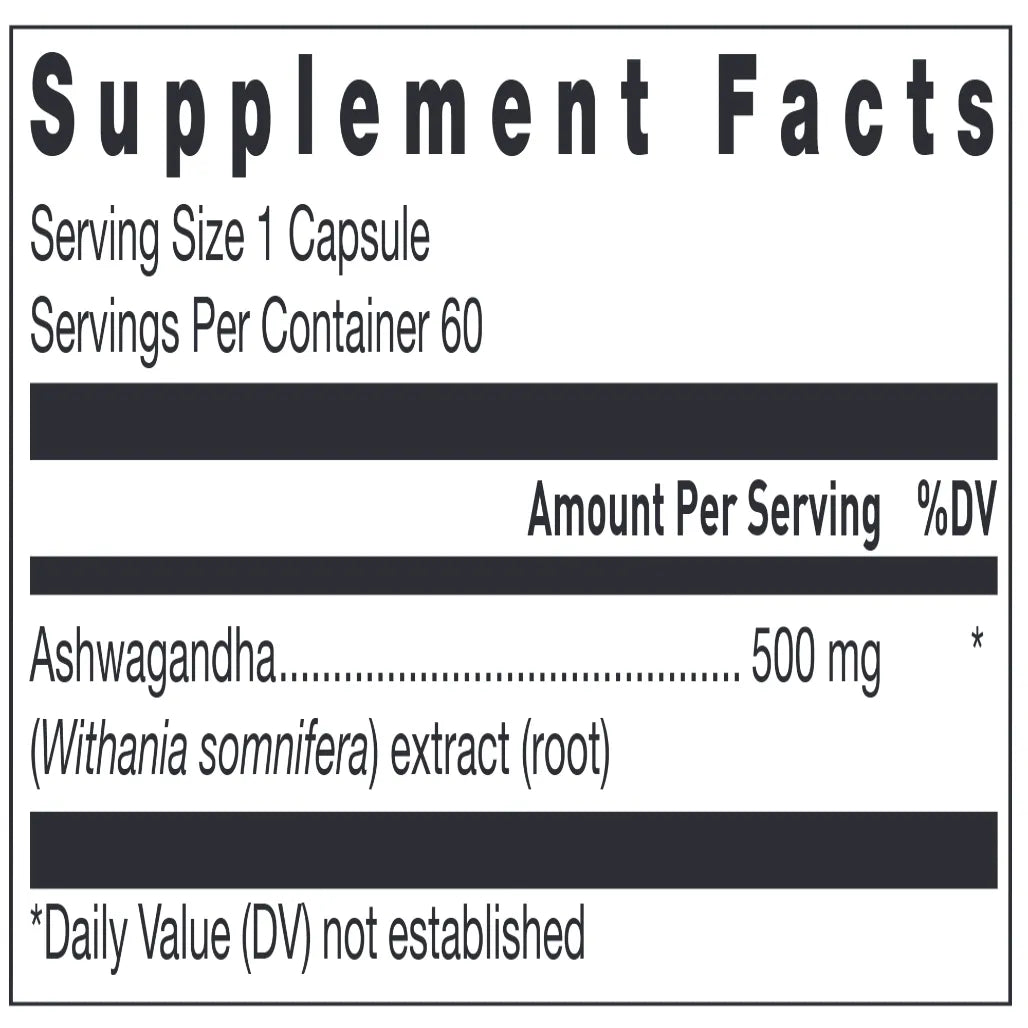 Klean Ashwagandha Nutrition Facts Label Showing Ashwagandha Root Extract 500 mg and Capsule Ingredient Details