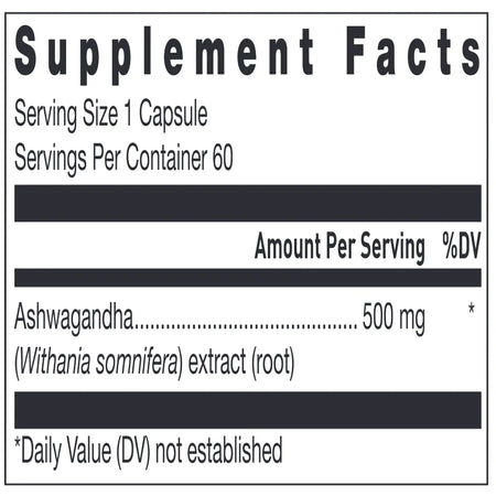 Klean Ashwagandha Nutrition Facts Label Showing Ashwagandha Root Extract 500 mg and Capsule Ingredient Details