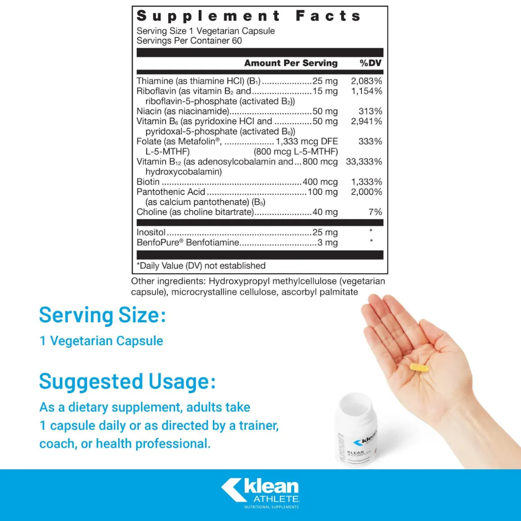 Klean B Complex Supplement Facts Label Showing B Vitamin Blend and Ingredient Details for Energy and Muscle Health