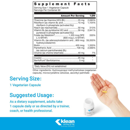 Klean B Complex Supplement Facts Label Showing B Vitamin Blend and Ingredient Details for Energy and Muscle Health