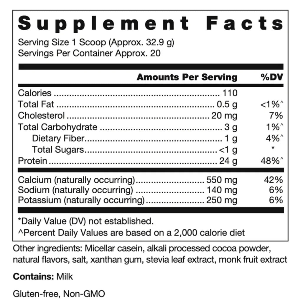 Klean Casein Protein Natural Chocolate Flavor Nutrition Facts Label Showing Micellar Casein Protein and Ingredient Details