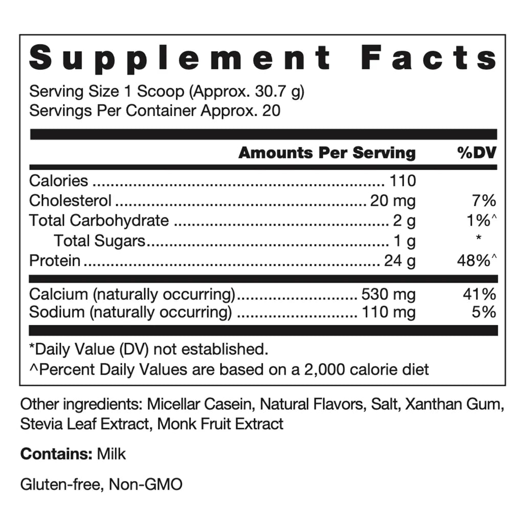 Klean Casein Protein Natural Vanilla Nutrition Facts Label Showing Micellar Casein Protein Ingredient Details