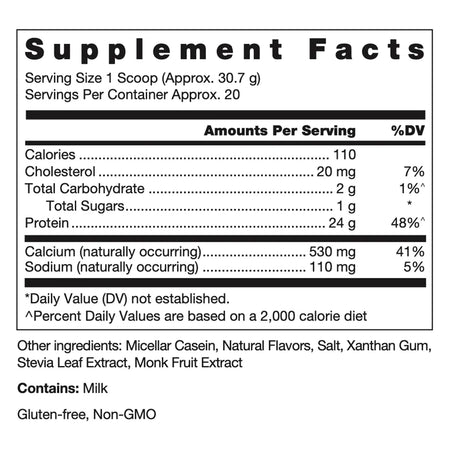 Klean Casein Protein Natural Vanilla Nutrition Facts Label Showing Micellar Casein Protein Ingredient Details