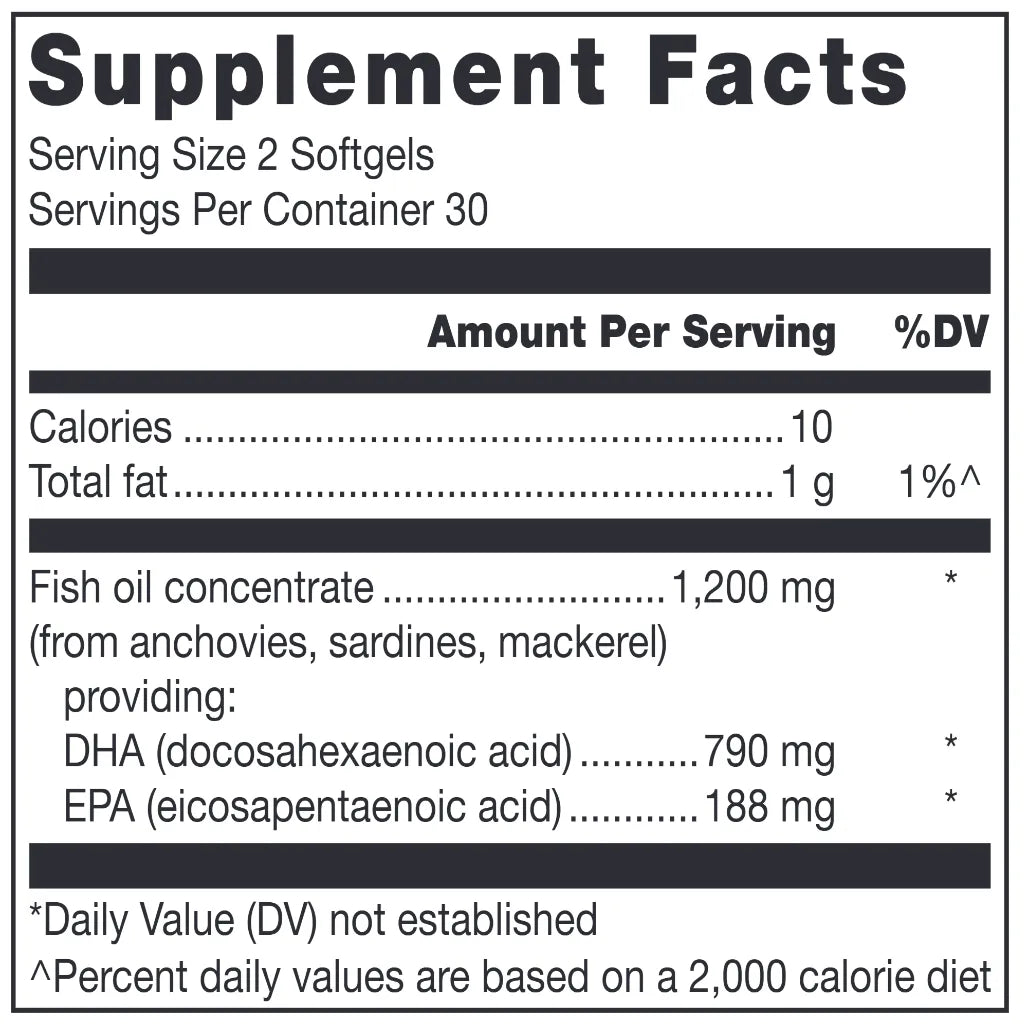 Klean DHA Nutrition Facts Label Showing DHA EPA Omega 3 Fish Oil Content and Serving Details