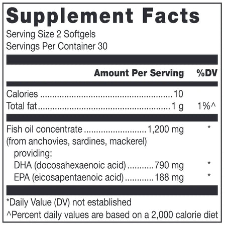 Klean DHA Nutrition Facts Label Showing DHA EPA Omega 3 Fish Oil Content and Serving Details