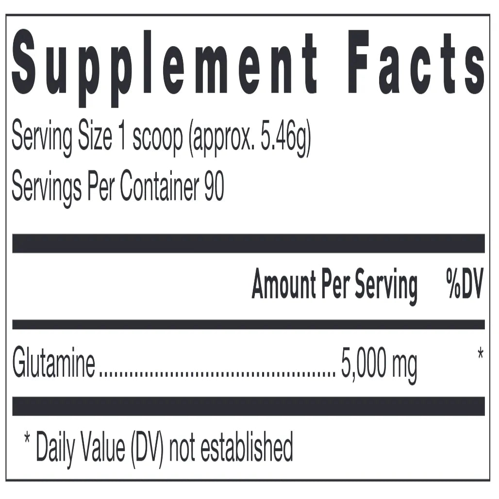 Klean Glutamine Nutrition Facts Label Showing 5000 mg L‑Glutamine Per Serving and Ingredient Details