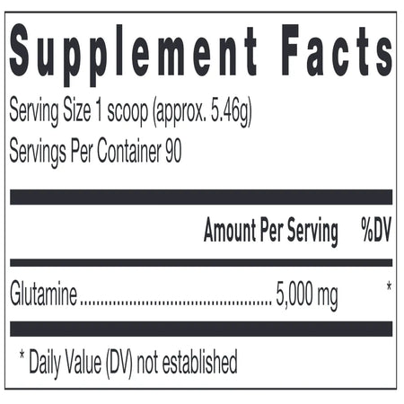 Klean Glutamine Nutrition Facts Label Showing 5000 mg L‑Glutamine Per Serving and Ingredient Details
