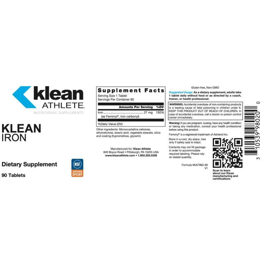 Klean Iron Nutrition Facts Label Showing 27 mg Iron Carbonyl Serving Ingredients and Daily Supplement Details