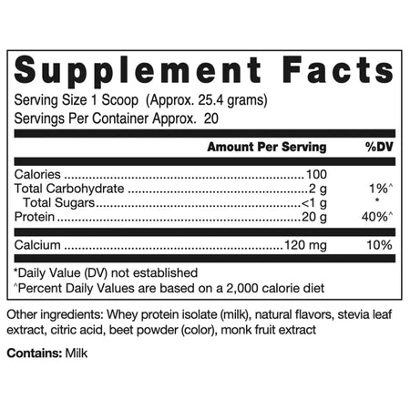 Klean Isolate Natural Strawberry Flavor Nutrition Facts Label Showing Whey Protein Isolate Ingredients and Macronutrient Details