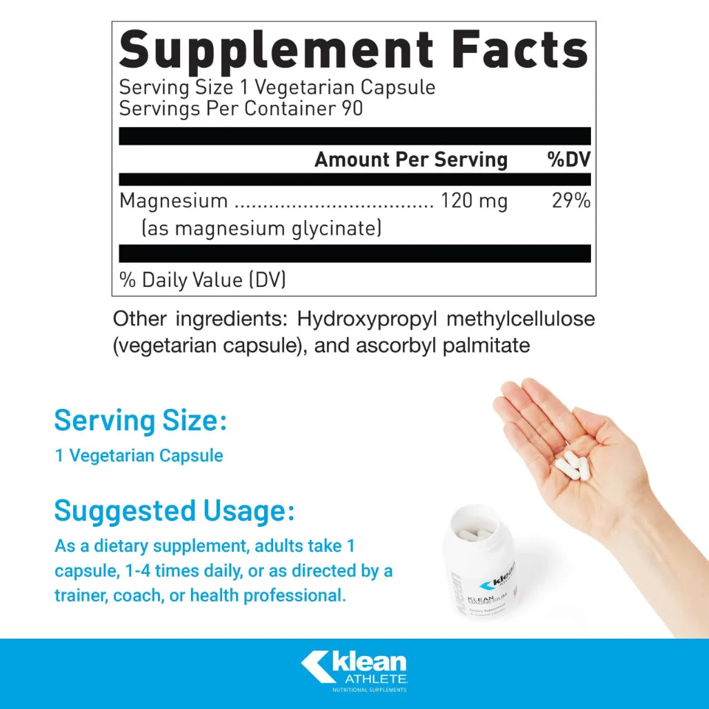 Klean Magnesium Nutrition Facts Label Showing Magnesium Glycinate 120 mg Per Serving and Supplement Ingredient Details