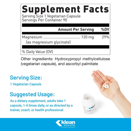 Klean Magnesium Nutrition Facts Label Showing Magnesium Glycinate 120 mg Per Serving and Supplement Ingredient Details