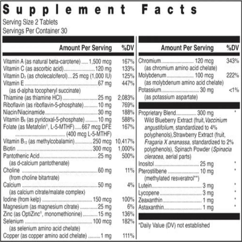 Klean Multivitamin Nutrition Facts Label Showing Essential Vitamins Minerals Phytonutrients and Antioxidant Blend Ingredient Details