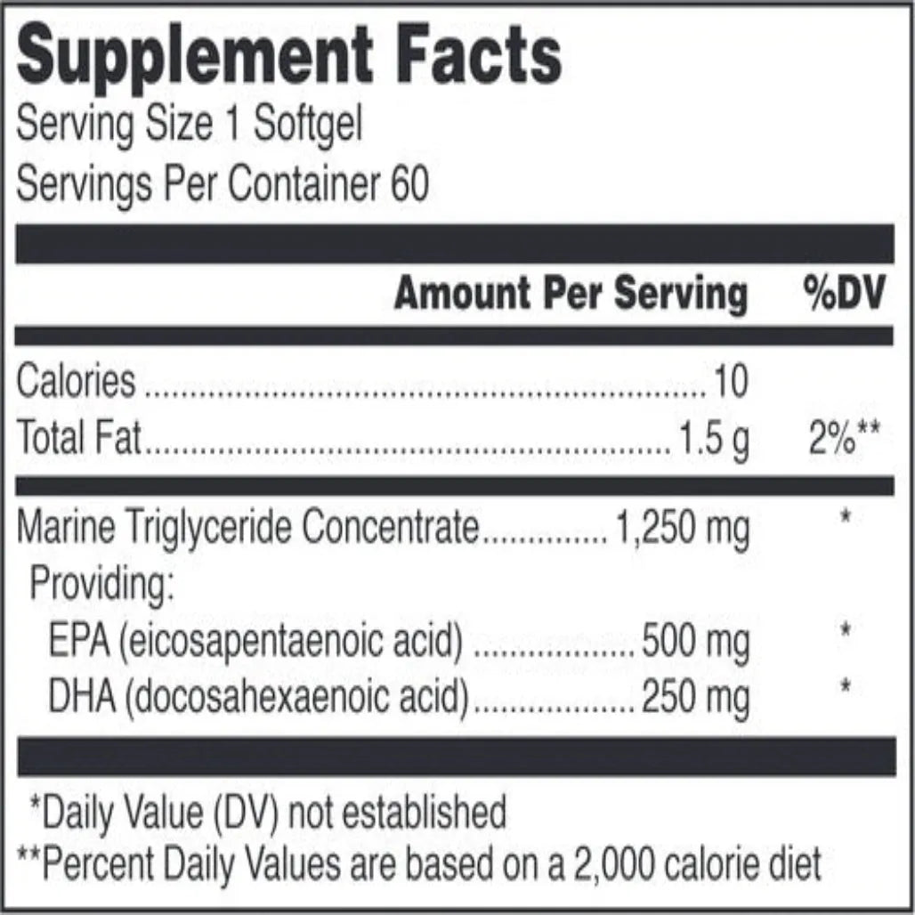 Klean Omega Nutrition Facts Label Showing EPA DHA Marine Triglyceride Fish Oil Content and Ingredient Details