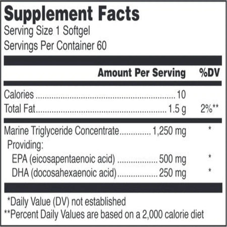 Klean Omega Nutrition Facts Label Showing EPA DHA Marine Triglyceride Fish Oil Content and Ingredient Details