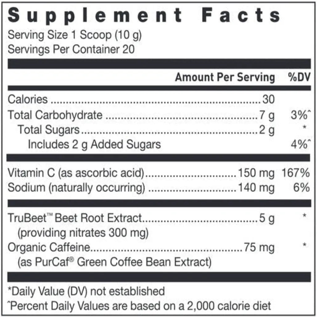 Klean Pre‑Workout Nutrition Facts Label Showing Vitamin C Organic Caffeine Beet Root Extract and Electrolyte Ingredients
