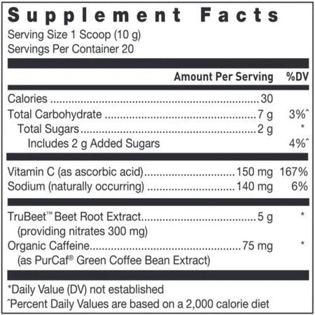 Klean Pre‑Workout Nutrition Facts Label Showing Vitamin C Organic Caffeine Beet Root Extract and Electrolyte Ingredients