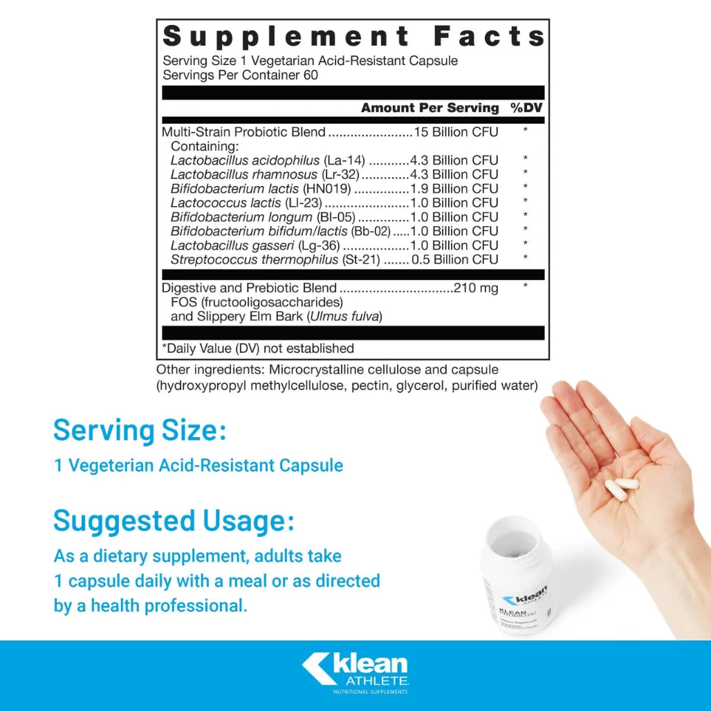 Klean Probiotic Nutrition Facts Label Showing 15 Billion CFU Probiotic Strains and Prebiotic Blend Ingredient Details