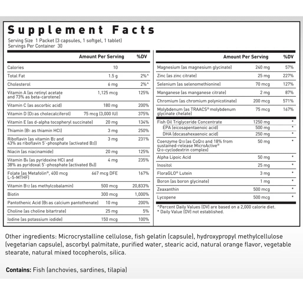 Klean Sport Pack Nutrition Facts Label Showing Vitamins Minerals Magnesium Glycinate Vitamin D3 Omega‑3 EPA DHA and Ingredient Details