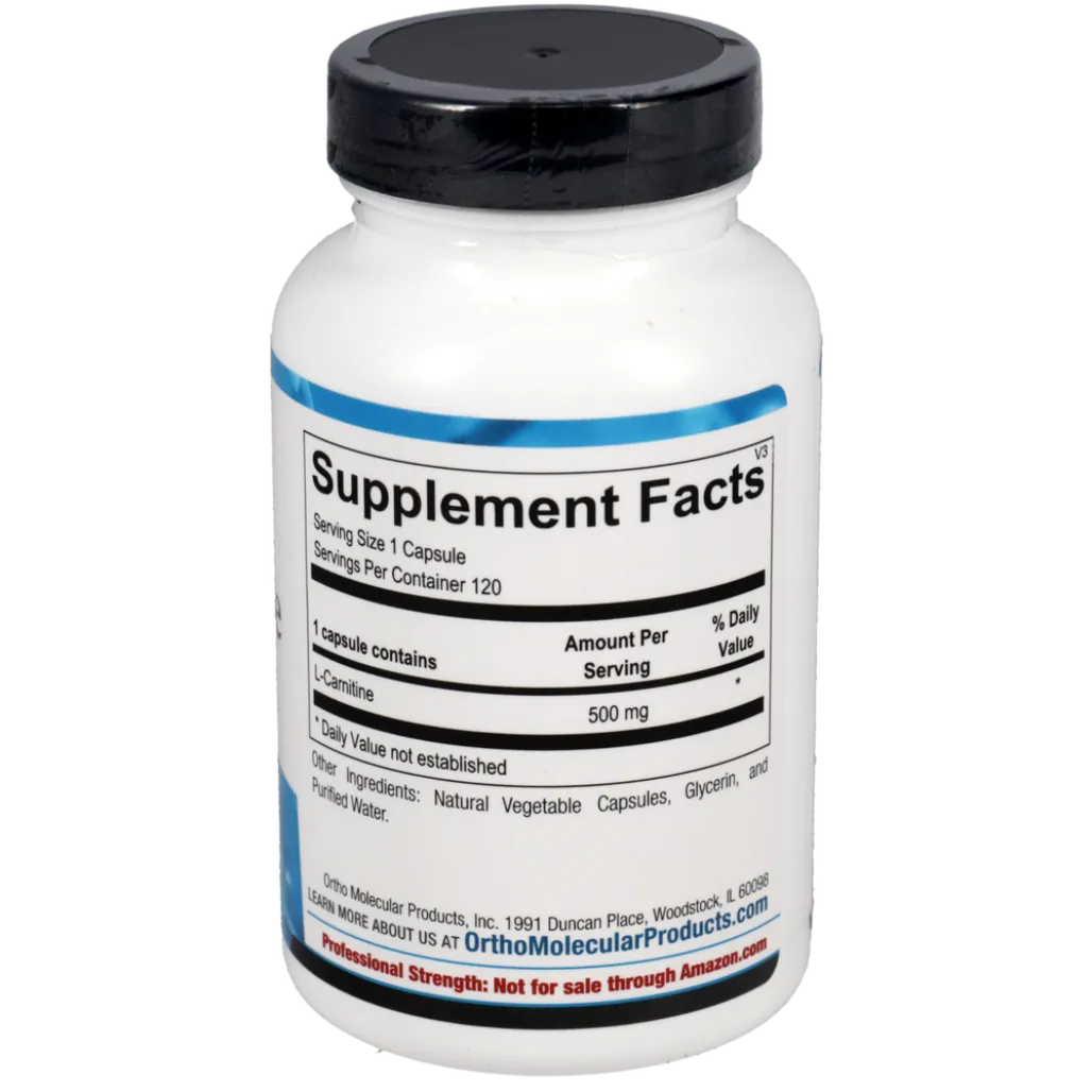 Ortho Molecular Products L‑Carnitine ingredients panel listing 500 mg L‑carnitine per capsule plus natural vegetable capsule, glycerin, and purified water.