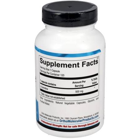Ortho Molecular Products L‑Carnitine ingredients panel listing 500 mg L‑carnitine per capsule plus natural vegetable capsule, glycerin, and purified water.