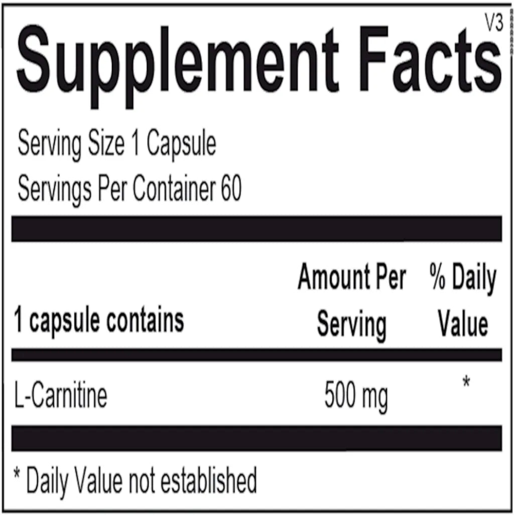 Ingredients and supplement facts label for Ortho Molecular L‑Carnitine showing key ingredient L‑carnitine and excipients