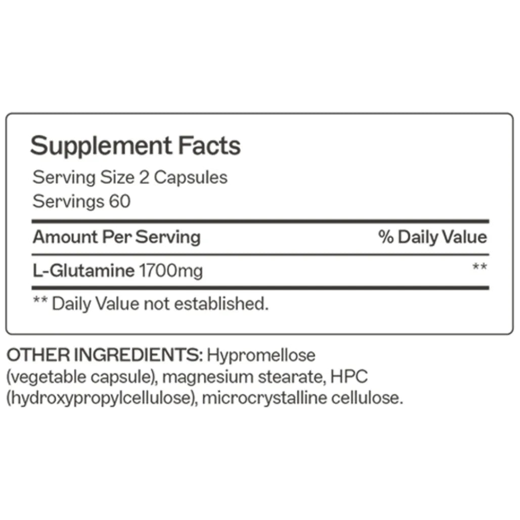 Product facts for L-Glutamine by Amy Myers MD, indicating a serving size of 2 capsules for 60 total servings of intestinal support.