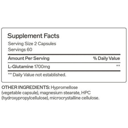 Product facts for L-Glutamine by Amy Myers MD, indicating a serving size of 2 capsules for 60 total servings of intestinal support.