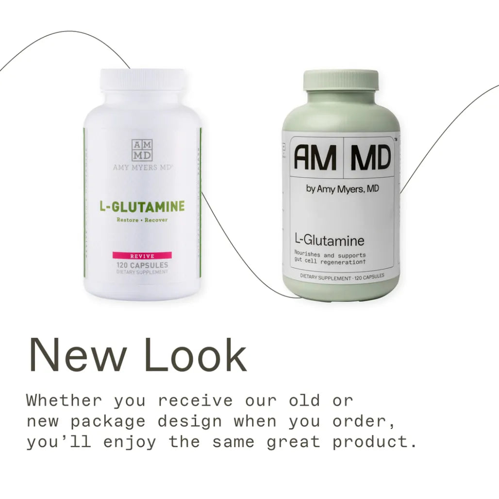 Amy Myers MD L-Glutamine 850 mg dietary supplement, a 120-count bottle of veggie capsules formulated for gut barrier support and muscle recovery.