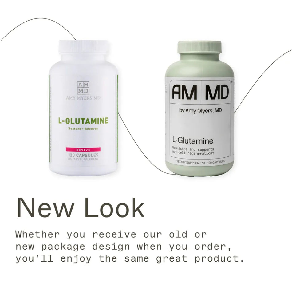 Amy Myers MD L-Glutamine 850 mg dietary supplement, a 120-count bottle of veggie capsules formulated for gut barrier support and muscle recovery.