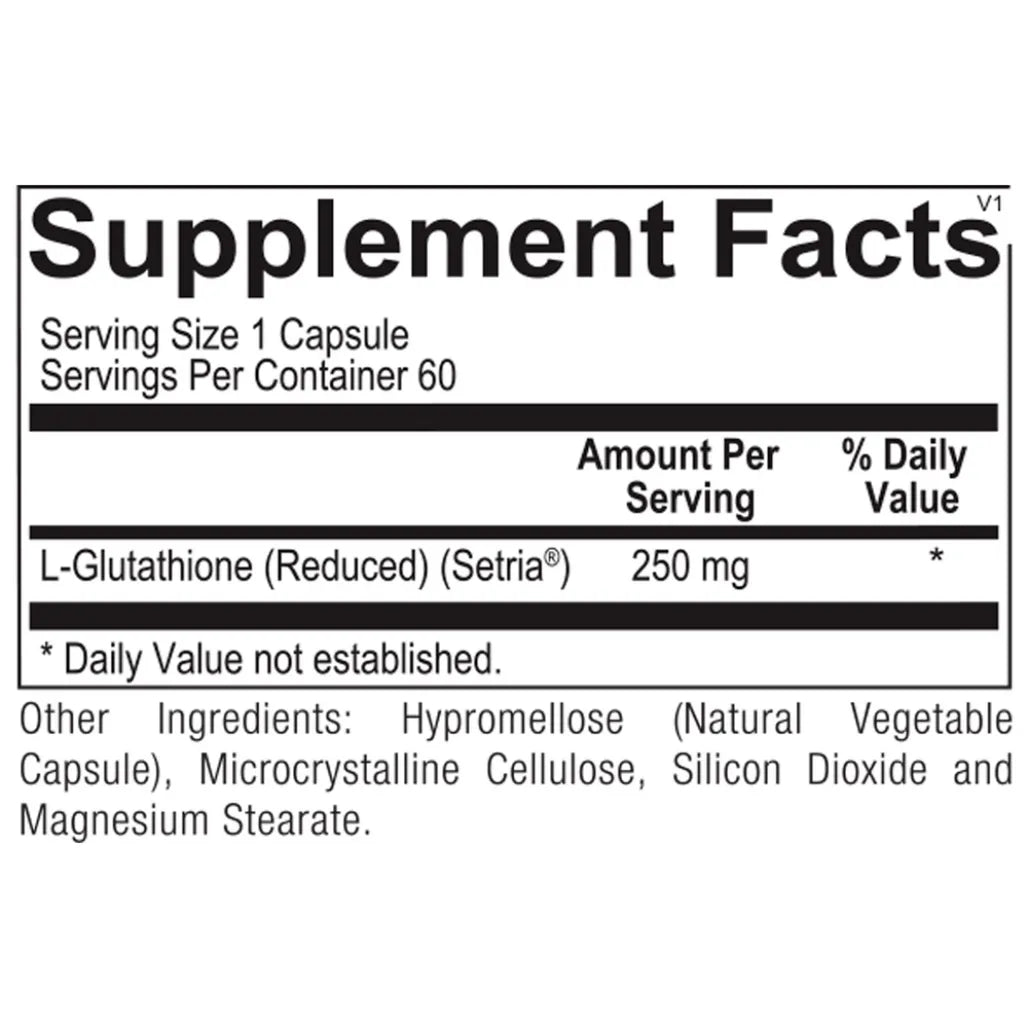 Supplement facts and ingredients label for Ortho Molecular Products L‑Glutathione showing reduced glutathione amount per capsule.