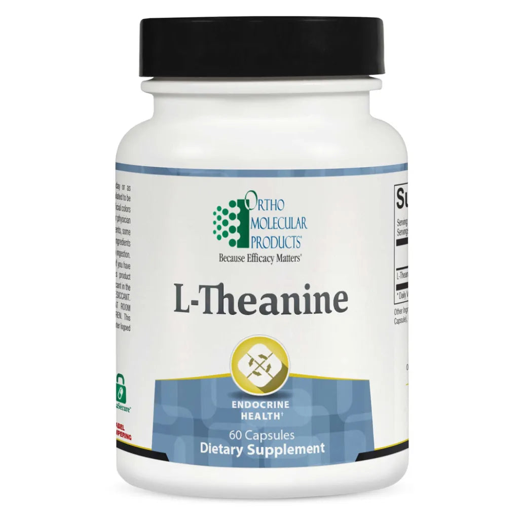 L‑Theanine dietary supplement by Ortho Molecular Products with visible label and branding.