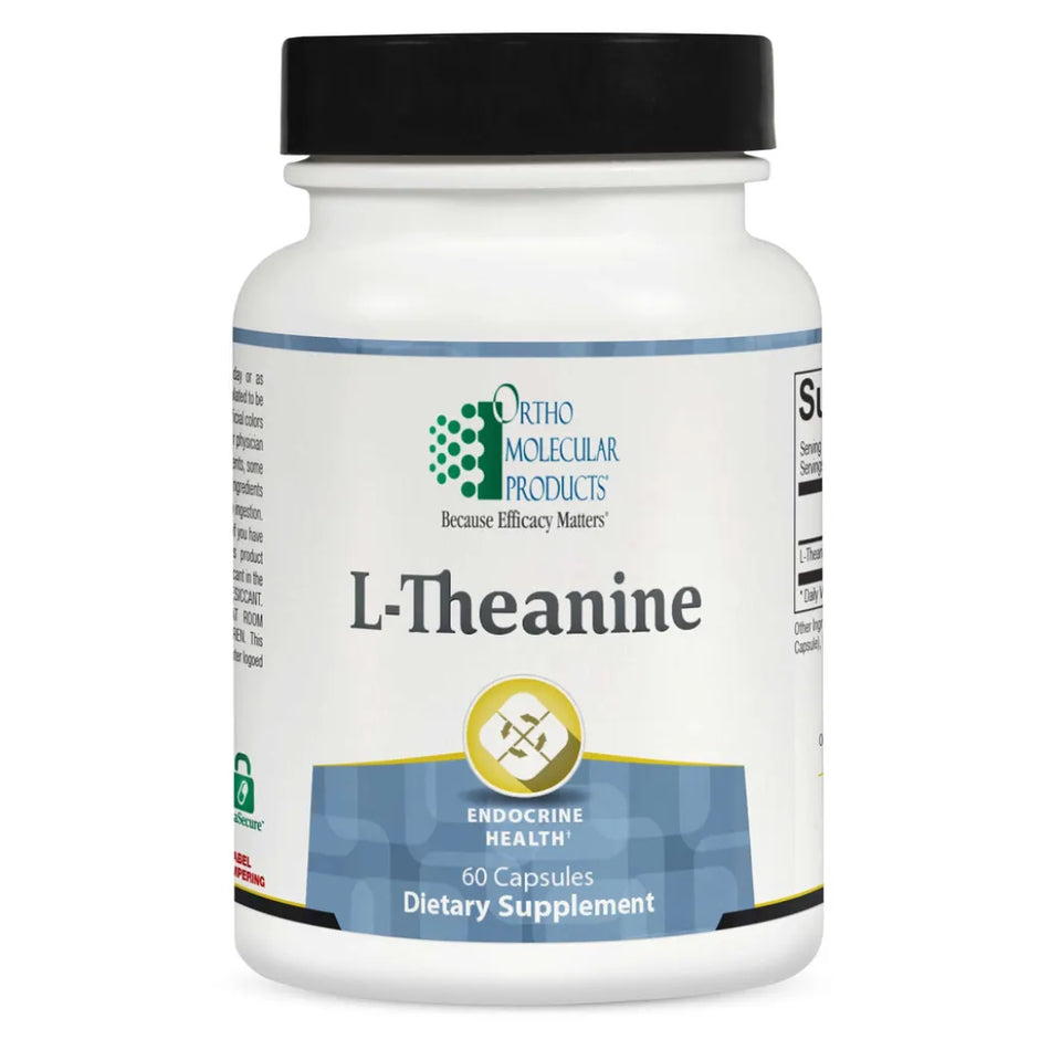 L‑Theanine dietary supplement by Ortho Molecular Products with visible label and branding.