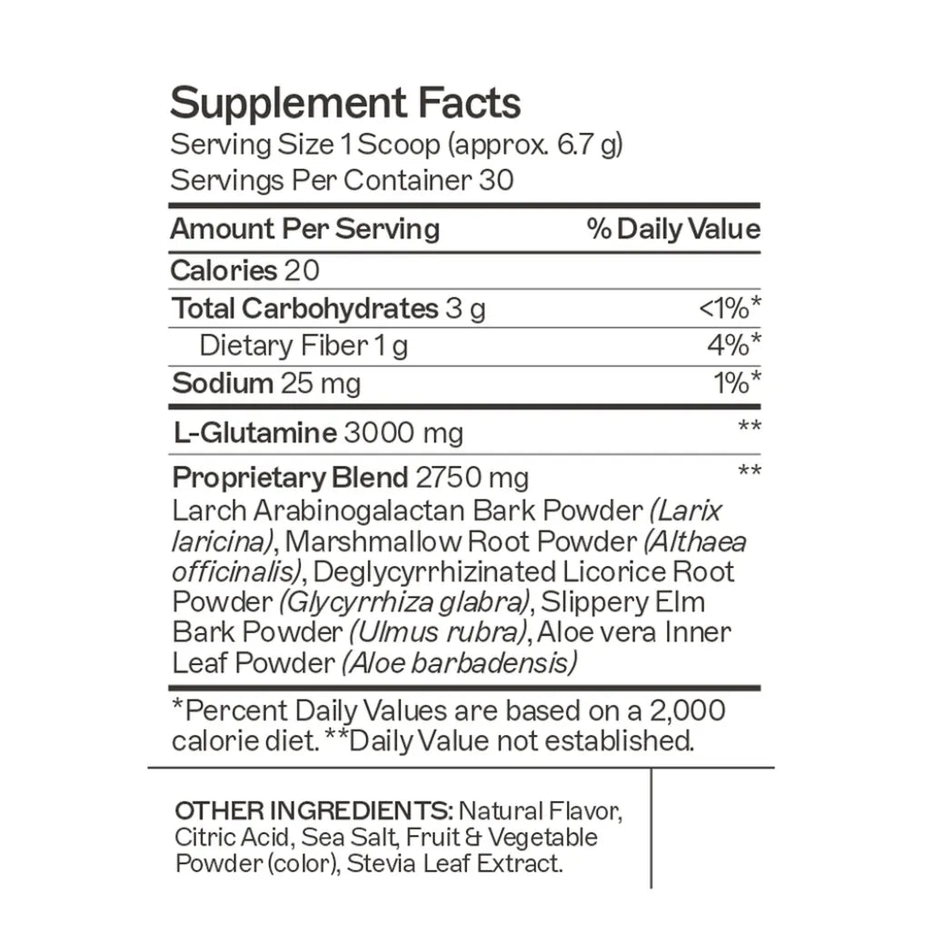 Nutritional info for Leaky Gut Revive: a nourishing blend of nutrients and botanicals to encourage a healthy gut microbiome.