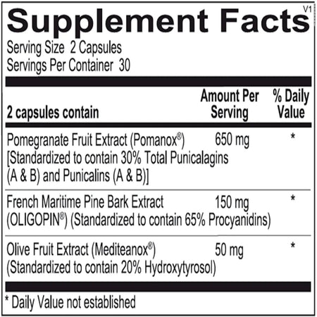 Ingredients and supplement facts label for Ortho Molecular Lipitrol OX showing antioxidant botanical extracts per serving.
