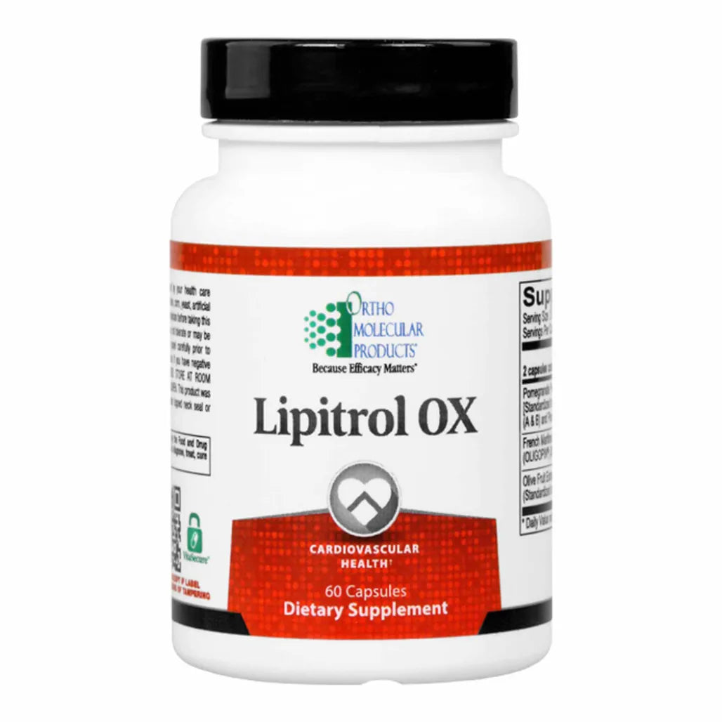 Ortho Molecular Products Lipitrol OX supplement featuring antioxidant extracts from olive, pomegranate, and French maritime pine bark for cardiovascular health support
