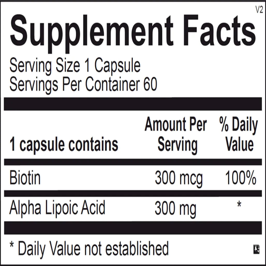 Supplement facts and ingredients label for Ortho Molecular Products Lipoic Acid 300 mg showing alpha‑lipoic acid and biotin amounts per capsule