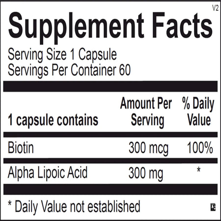 Supplement facts and ingredients label for Ortho Molecular Products Lipoic Acid 300 mg showing alpha‑lipoic acid and biotin amounts per capsule