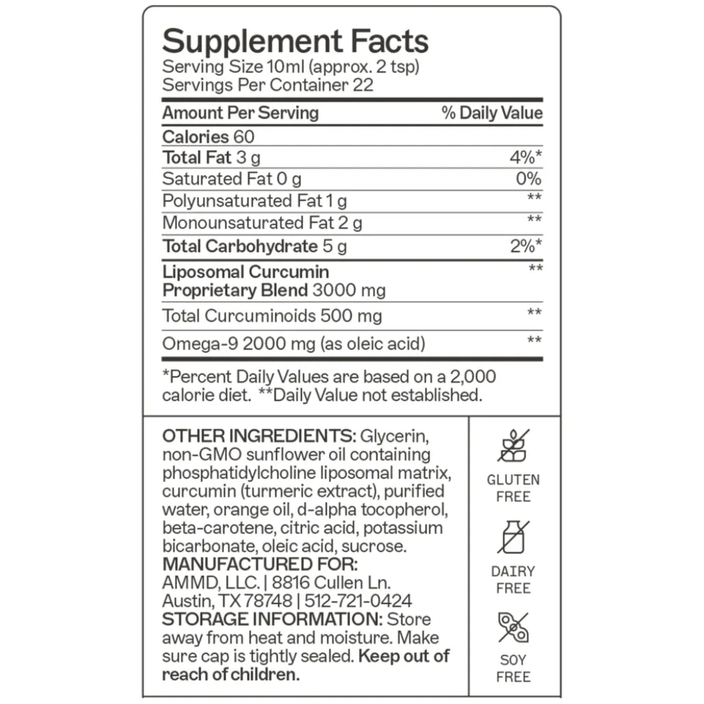 Nutritional details for Liposomal Curcumin highlighting a citrus-flavored liquid formula that supports the body's immune response and the elimination of free radicals.