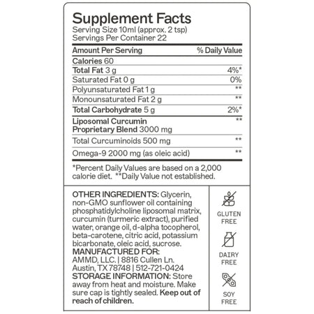 Nutritional details for Liposomal Curcumin highlighting a citrus-flavored liquid formula that supports the body's immune response and the elimination of free radicals.