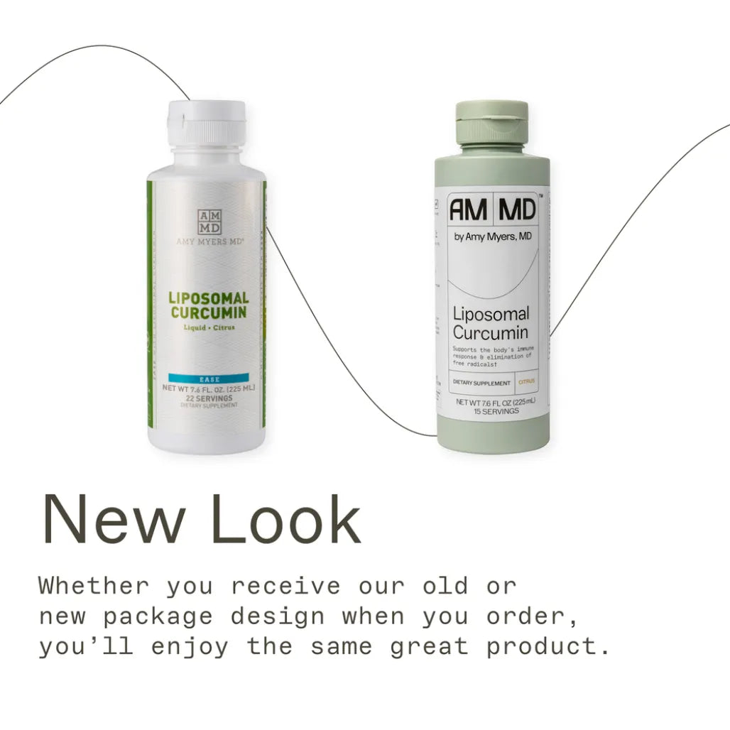 Liposomal Curcumin by Amy Myers MD, featuring the transition to a light green bottle design for the 7.6 fl oz liquid supplement.
