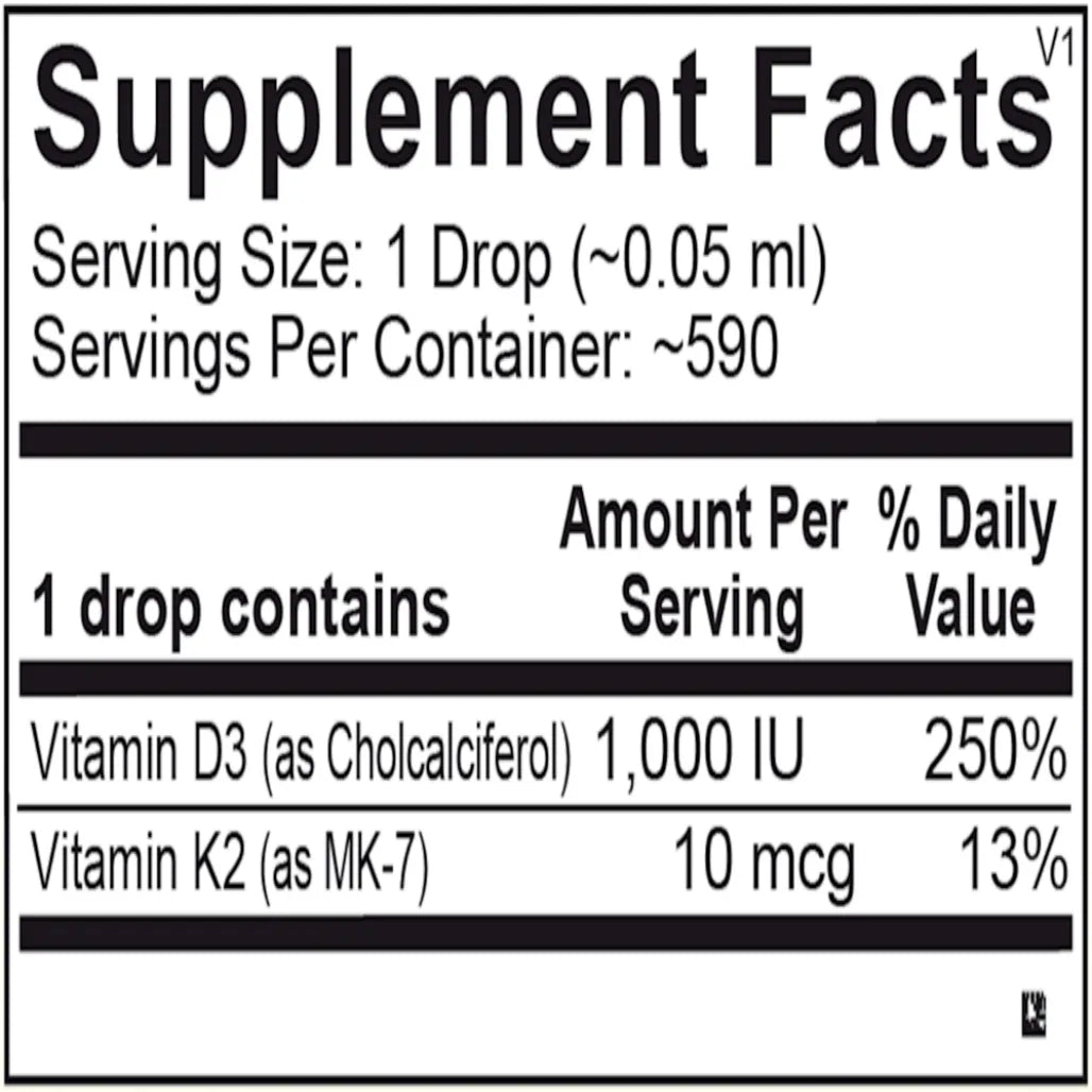 Ingredients panel for Liquid Vitamin D3 + K2 formula – vitamin D3, vitamin K2 and carrier oils