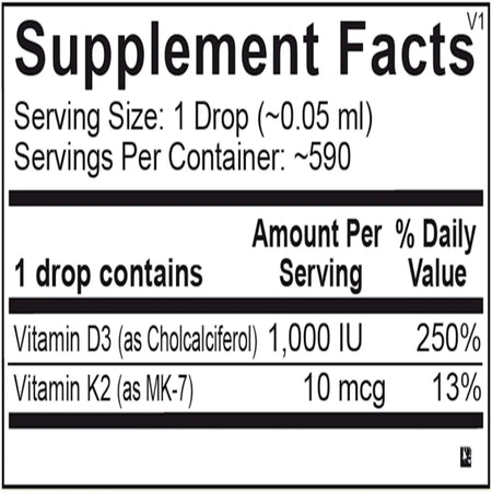 Ingredients panel for Liquid Vitamin D3 + K2 formula – vitamin D3, vitamin K2 and carrier oils